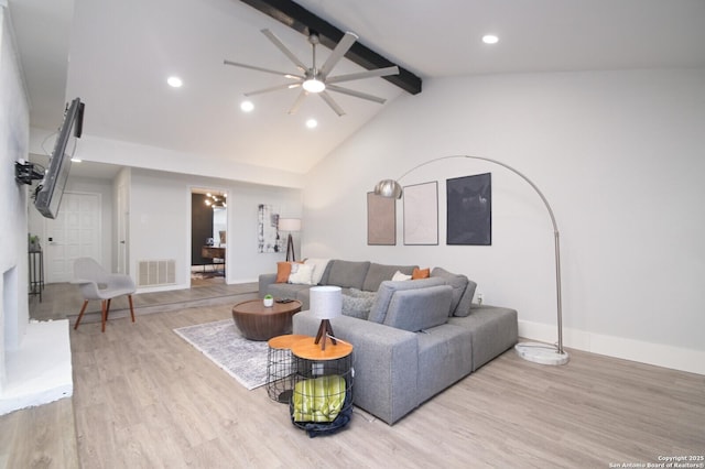 living room with beamed ceiling, ceiling fan, high vaulted ceiling, and light wood-type flooring