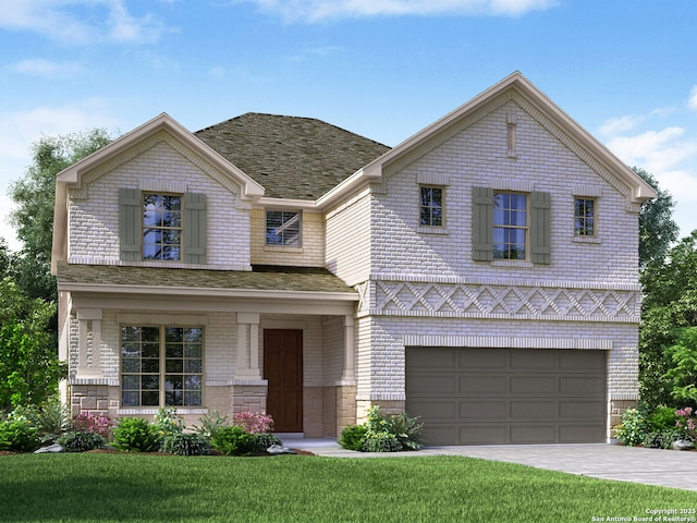 view of property with a porch, a garage, and a front yard