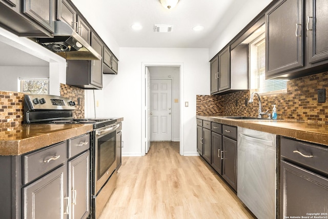 kitchen featuring sink, dark brown cabinets, light hardwood / wood-style flooring, and stainless steel appliances