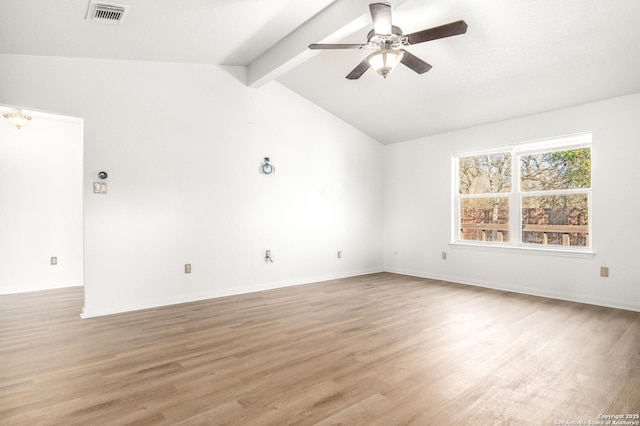 spare room featuring vaulted ceiling with beams, ceiling fan, and light wood-type flooring