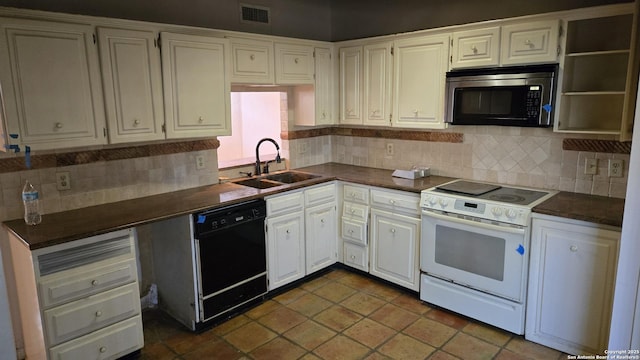 kitchen with white cabinetry, white electric range, black dishwasher, and sink