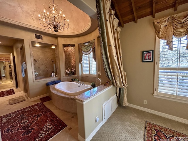 bathroom featuring wood ceiling, tile patterned flooring, a notable chandelier, lofted ceiling with beams, and shower with separate bathtub