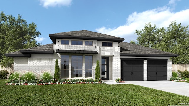 view of front of house with brick siding, a garage, concrete driveway, and a front yard