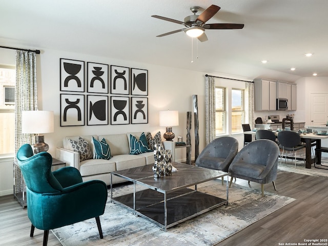 living room with wood-type flooring and ceiling fan