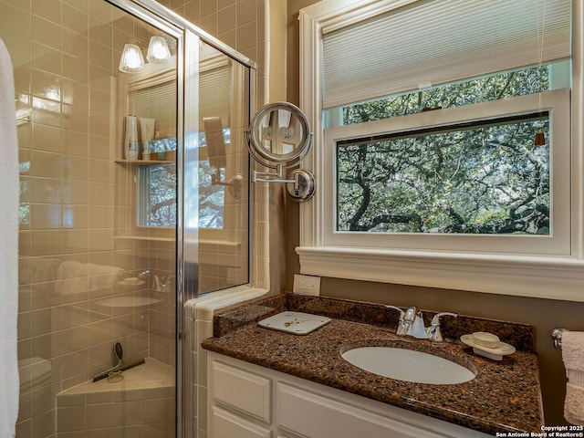 bathroom featuring vanity and a shower with door