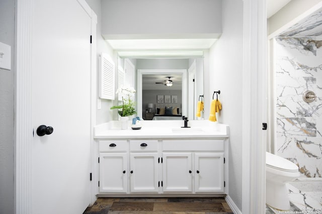 bathroom featuring vanity, toilet, and hardwood / wood-style floors