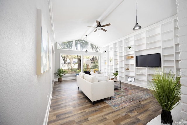 living room featuring dark hardwood / wood-style flooring, vaulted ceiling with beams, and ceiling fan