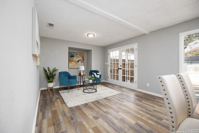 living area featuring dark wood-type flooring, a wealth of natural light, a textured ceiling, and french doors