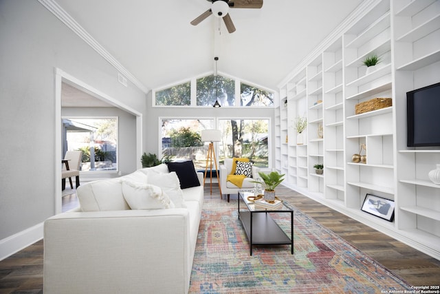 sunroom with lofted ceiling, a healthy amount of sunlight, and ceiling fan