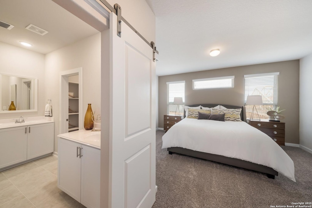 bedroom featuring a barn door, sink, and ensuite bath