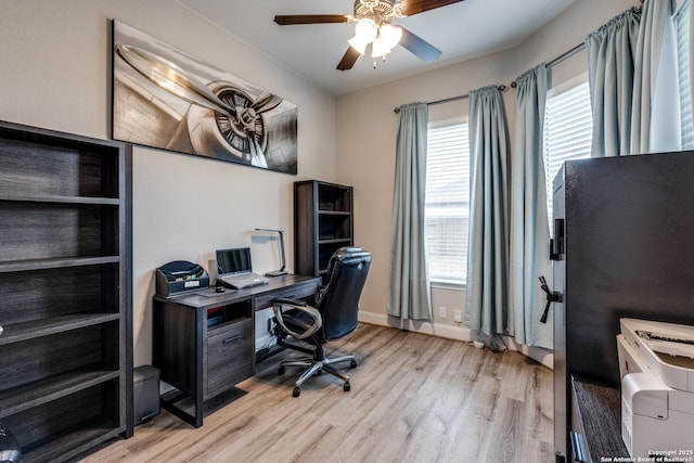 office area featuring ceiling fan and light wood-type flooring