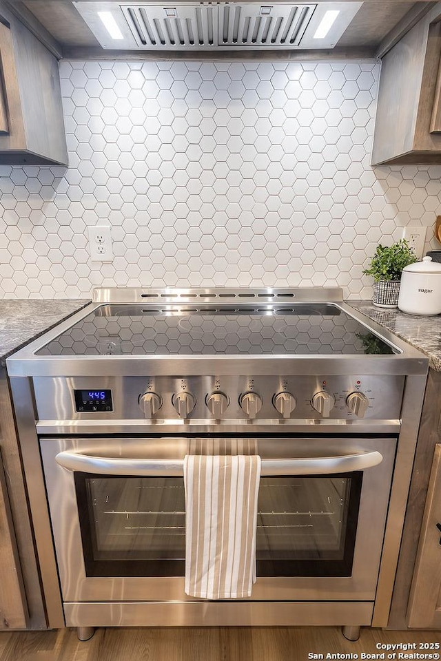 details featuring tasteful backsplash, high end stainless steel range, light stone countertops, and exhaust hood