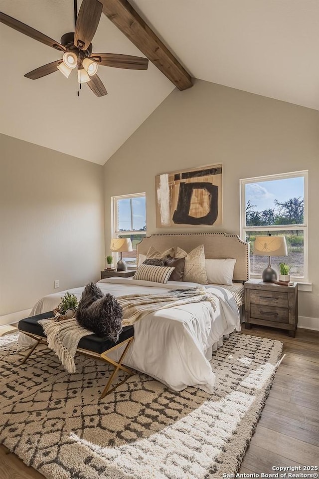 bedroom with beamed ceiling, wood-type flooring, high vaulted ceiling, and ceiling fan