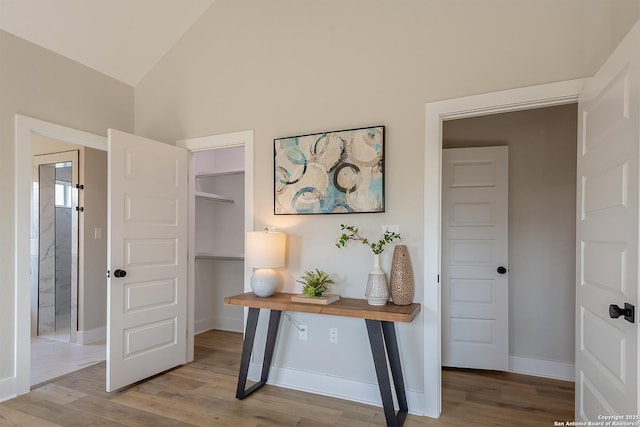 interior space featuring vaulted ceiling and light hardwood / wood-style flooring