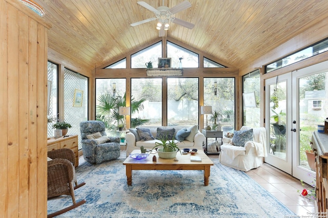 sunroom / solarium featuring french doors, ceiling fan, lofted ceiling, and wooden ceiling