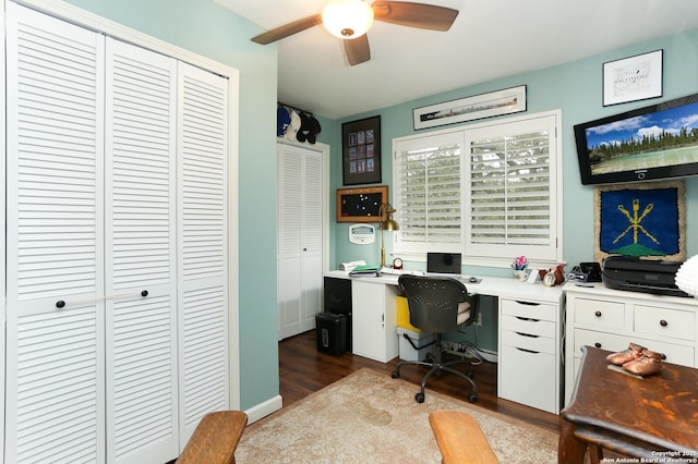 office space with dark wood-type flooring and ceiling fan