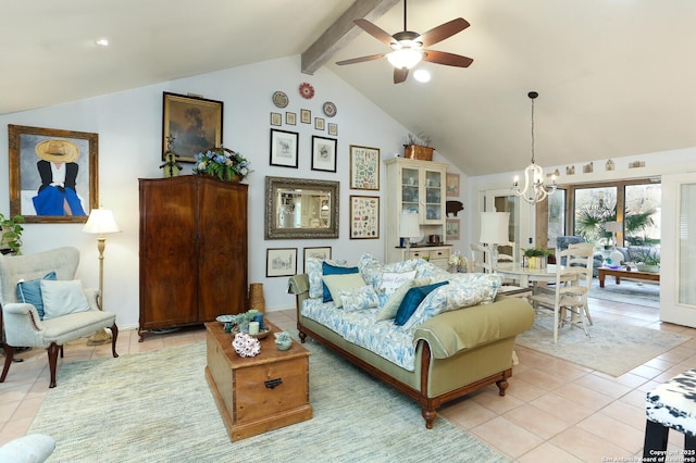 tiled living room featuring beam ceiling, ceiling fan with notable chandelier, and high vaulted ceiling