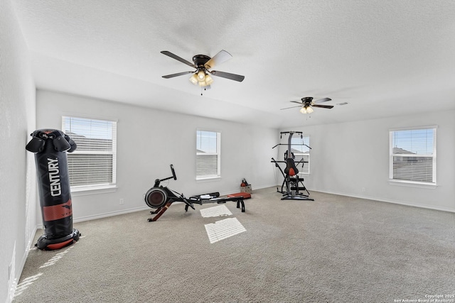 workout area featuring plenty of natural light, light colored carpet, and a textured ceiling