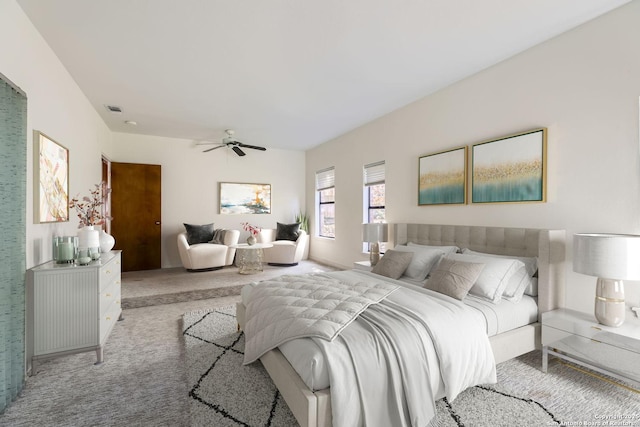 carpeted bedroom with ceiling fan