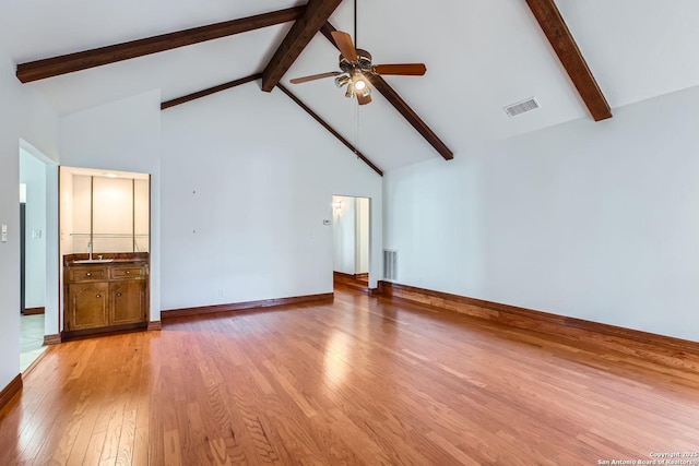 unfurnished living room featuring beamed ceiling, ceiling fan, high vaulted ceiling, and light hardwood / wood-style floors