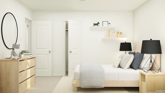 bedroom featuring light colored carpet