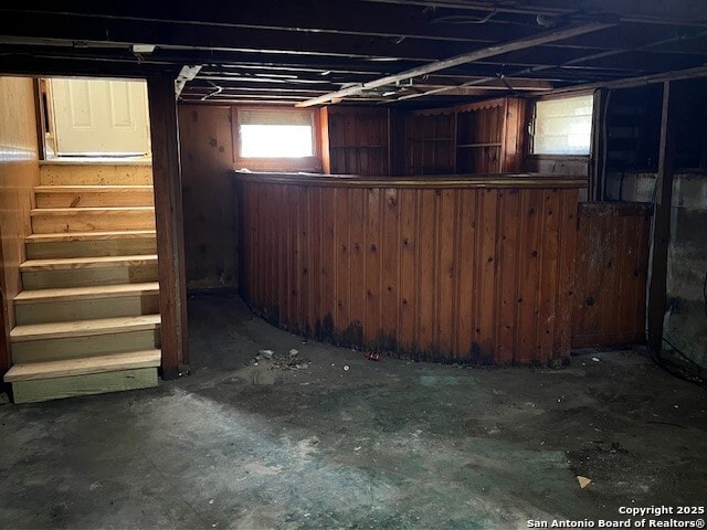 basement featuring wooden walls