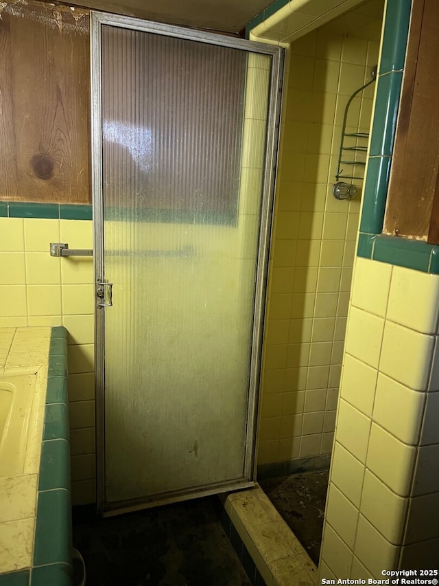 bathroom featuring a shower with shower door and tile walls