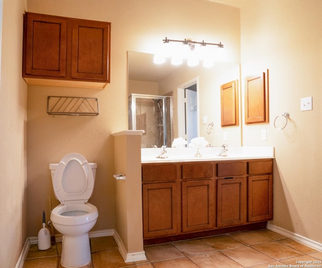 bathroom featuring walk in shower, vanity, toilet, and tile patterned flooring