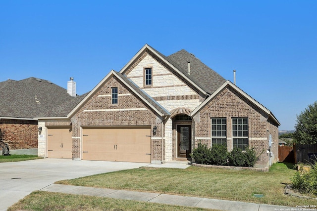 view of front of home featuring a garage and a front lawn