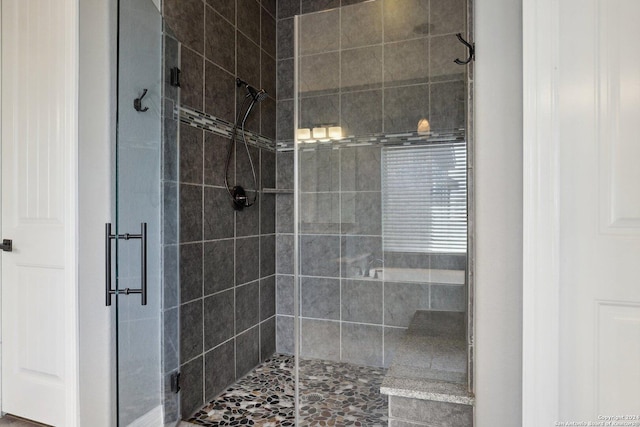 bathroom featuring a shower with door