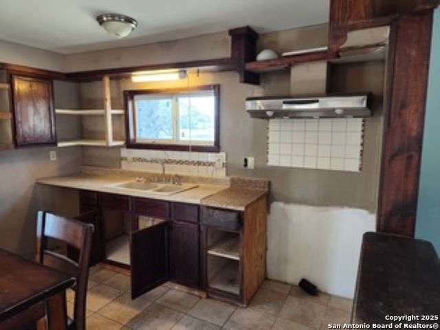 kitchen with dark brown cabinetry, sink, and tasteful backsplash