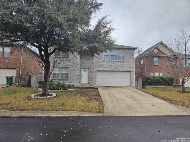 front facade with a garage and a front lawn