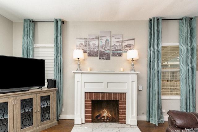 living room with a fireplace