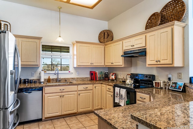 kitchen with pendant lighting, sink, light tile patterned floors, stainless steel appliances, and light brown cabinetry