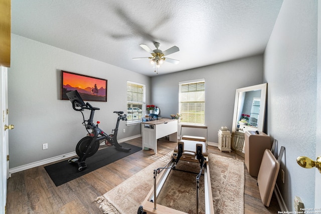 exercise room with hardwood / wood-style floors, a textured ceiling, and ceiling fan