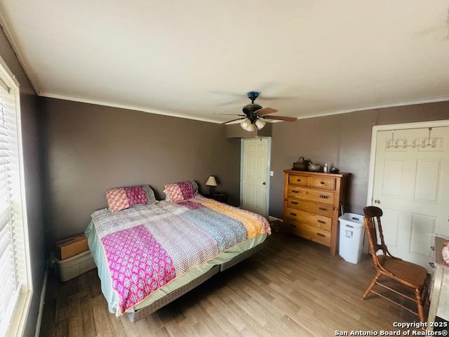 bedroom featuring wood-type flooring, ceiling fan, and crown molding