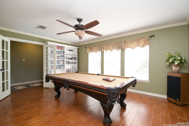 recreation room with wood-type flooring, ornamental molding, pool table, ceiling fan, and french doors