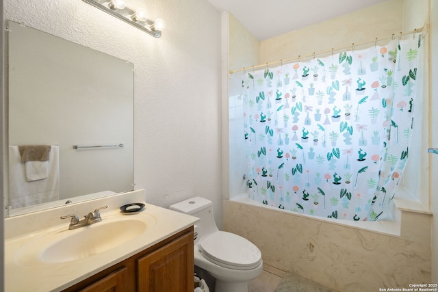 full bathroom with vanity, toilet, and shower / bath combo with shower curtain