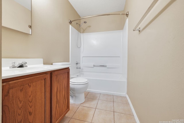 full bathroom featuring shower / washtub combination, vanity, toilet, tile patterned floors, and a textured ceiling