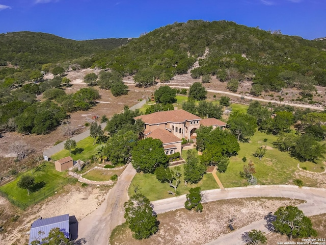 birds eye view of property featuring a mountain view