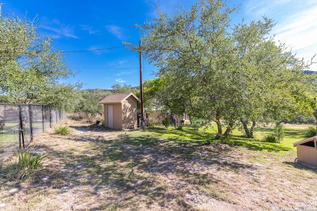 view of yard featuring a storage shed