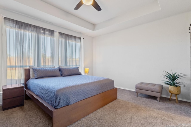 carpeted bedroom featuring a tray ceiling and ceiling fan