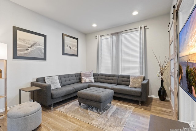 living room with a barn door and light wood-type flooring