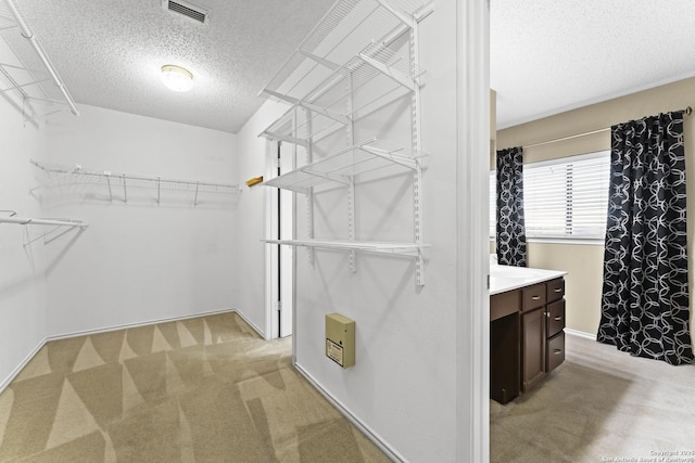 spacious closet featuring light carpet