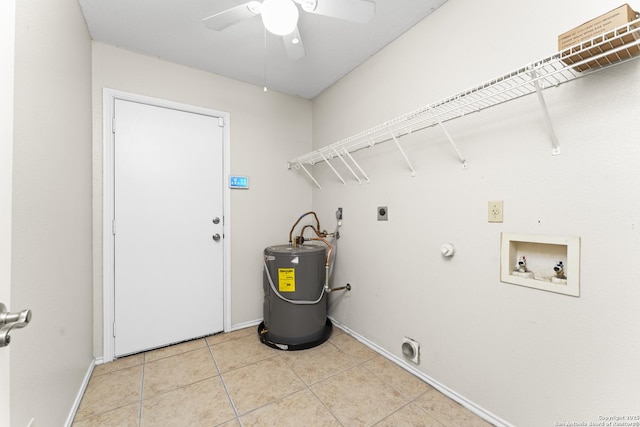 washroom featuring light tile patterned floors, water heater, ceiling fan, hookup for a washing machine, and hookup for an electric dryer