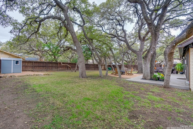 view of yard with a patio area and a shed