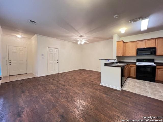 kitchen with hardwood / wood-style flooring, sink, ceiling fan, and black appliances