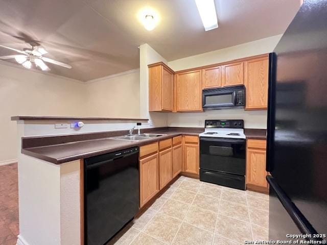 kitchen with light tile patterned flooring, sink, ceiling fan, and black appliances