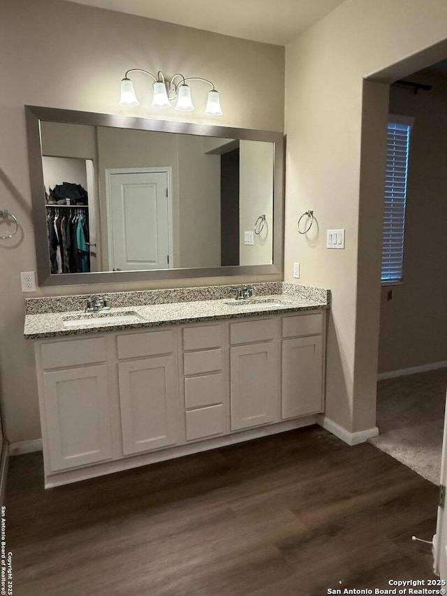 bathroom with hardwood / wood-style flooring and vanity