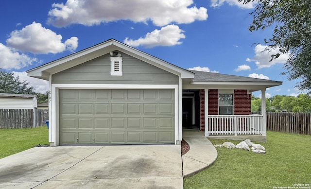 ranch-style house with a porch, a garage, and a front lawn